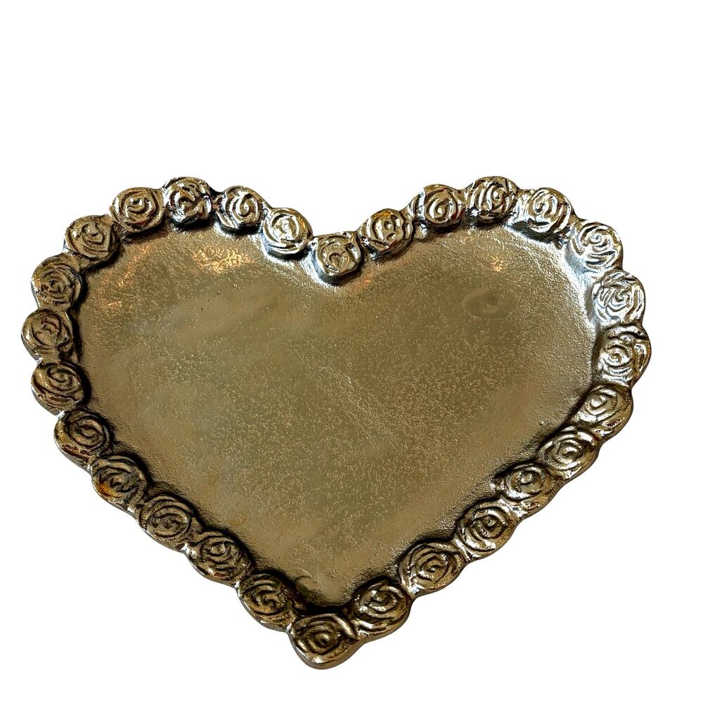 Antique Gold Metal Heart Shaped Trinket Tray 10.5in Sculpted Rose Border NEW